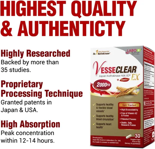 Vista 3 de LABO Nutrition VesseCLEAR EX: Nattokinase NSK-SD+Elastina F para Vasos Sanguíneos Limpios y Flexibles. Cápsulas de Liberación Retardada/Resistentes