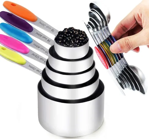 TILUCK Juego de tazas medidoras y cucharas medidoras magnéticas, tazas medidoras de acero inoxidable, 6 cucharas medidoras de acero inoxidable de