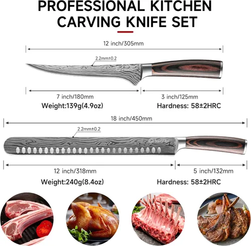 Vista 3 de Sunnecko Juego de cuchillos profesionales para tallar barbacoa, cuchillo para cortar y deshuesar para cortar carne, cuchillo alemán de acero