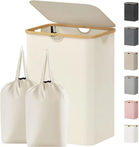 Vista 26 de Lifewit Cesta de lavandería de 80 litros con tapa, cestas de ropa para lavandería con asas de bambú y una bolsa de lavandería extraíble, cesta