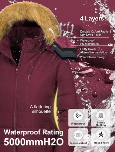 Vista 5 de CREATMO US Abrigos de invierno de talla grande para mujer, chaqueta larga acolchada con forro polar, parka con capucha de piel extraíble, disponible