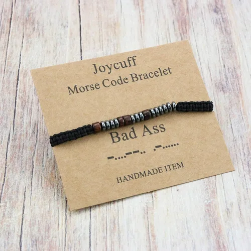 Vista 5 de JoycuFF - Pulsera motivacional en código morse para mujer con mensaje secreto, confeccionado con cuentas de madera y cordón. Joyería para regalar