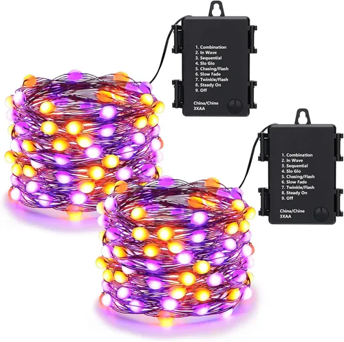 Lomotech Luces de Halloween naranjas y moradas, paquete de 2 luces LED de 16.4 pies, 50 luces LED de hadas de Halloween con función de temporizador,