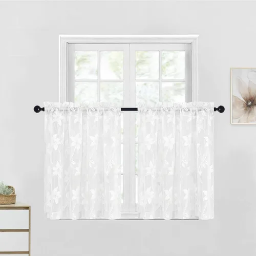 Vista 53 de DWCN Paquete de 2 cortinas traslúcidas pequeñas de encaje floral beige para cocina, cortinas traslúcidas ligeras con bolsillo para barra, cortinas