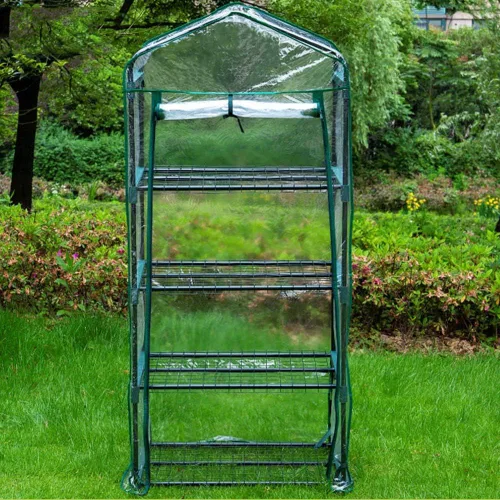 Vista 4 de Cubierta de repuesto para invernadero de 4 niveles, 27 x 19 x 63 pulgadas, casa verde con puerta enrollable con cremallera enrollable, plástico