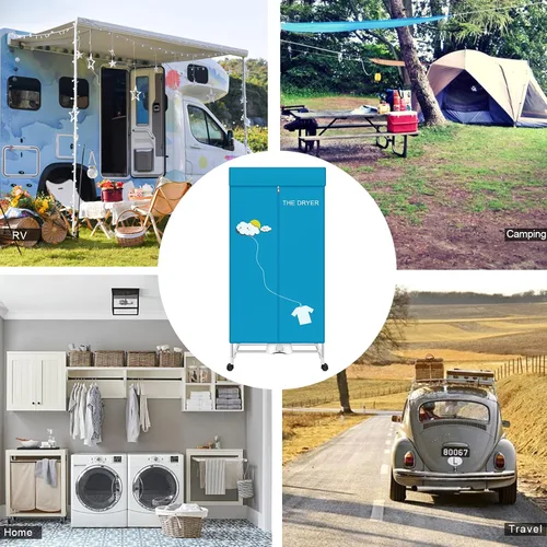 Vista 3 de Secadora portátil, secadora eléctrica de 110 V 1000 W, doble capa apilable, acero inoxidable, azul, capacidad de 33.1 lbs, carga frontal, ideal