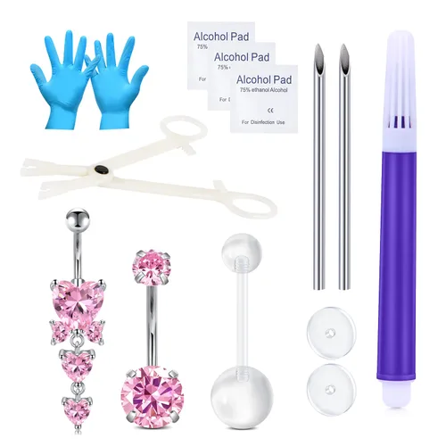 Vista 6 de DJCIW Kit de piercing para ombligo - Anillos de ombligo de acero inoxidable 14G, agujas de oro rosa