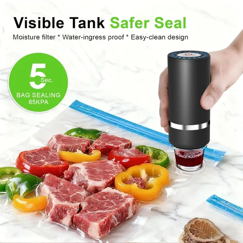Vista 4 de Sellador al vacío de mano para alimentos, sellador al vacío de tarros Mason + tapón de vacío de 4 vinos + 10 bolsas de vacío reutilizables, mini