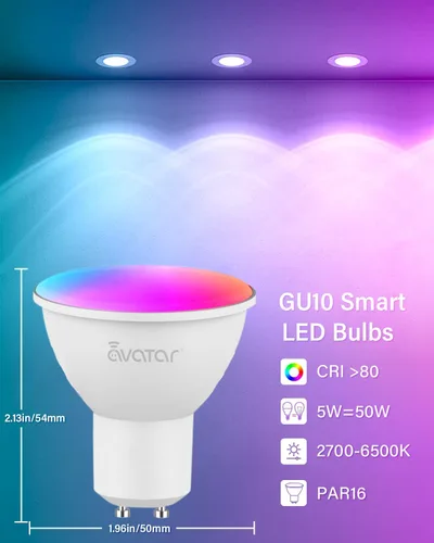 Vista 5 de Avatar Controls Paquete de 2 bombillas inteligentes GU10, bombillas LED Alexa GU10, bombillas equivalentes a halógenos de 50 W, 5 W, 2700 K-6500 K