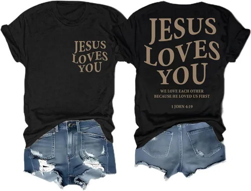 Camisetas cristianas para mujer con texto en inglés «Jesus Loves You», camiseta con texto en inglés «Jesus Loves You», camiseta con texto en inglés
