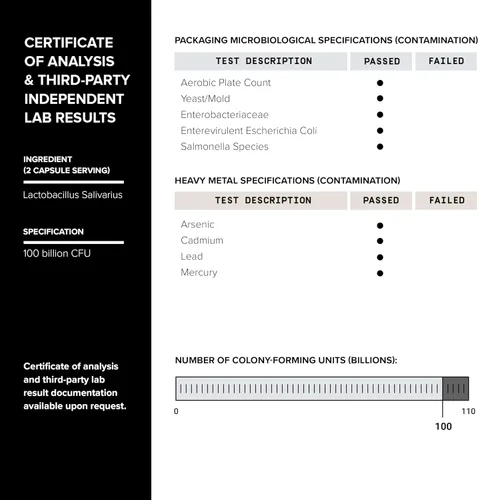 Vista 9 de Toniiq 100 mil millones de UFC Lactobacillus Salivarius Probiótico Recuento de UFC verificado más alto – Probado en laboratorio de terceros