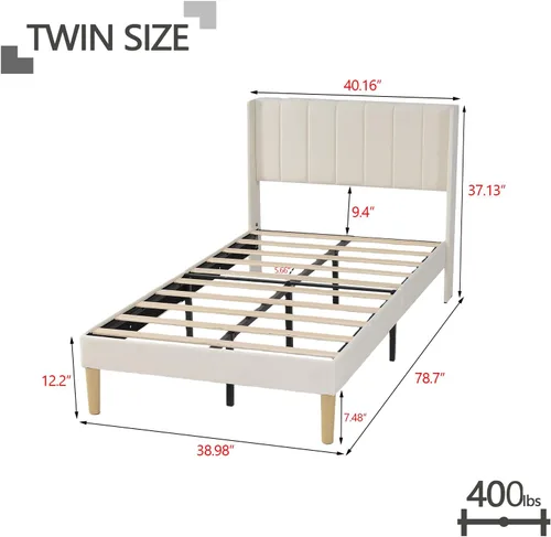 Vista 105 de Zoophyter Base de cama tapizada de plataforma tamaño King con cabecero, listones de madera fuertes, no necesita somier, fácil montaje, lino blanco