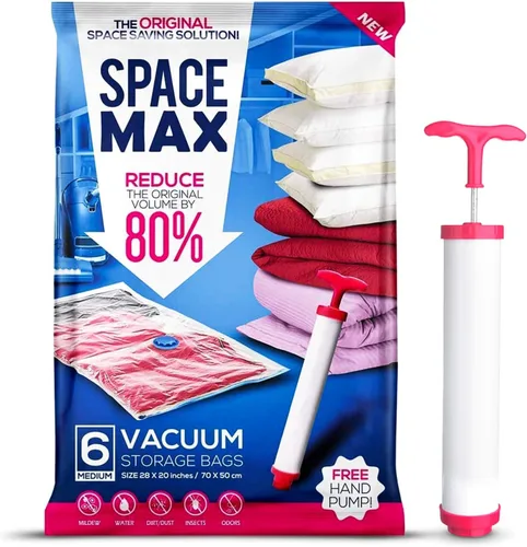 Vista 2 de Bolsas de almacenamiento al vacío reutilizables premium (paquete de 6), ahorran un 80% más de espacio para almacenar. Doble cierre y válvula