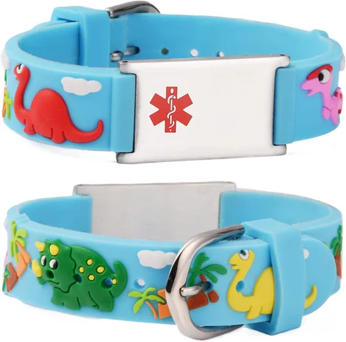 Vista 23 de LinnaLove Medical Alert ID Bracelet – Custom or Pre-Engraved, QR Code Available,Blue Dinosaur Band