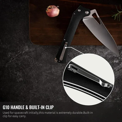 Vista 7 de TACRAY Navaja de Cocina Plegable, Cuchillo de Chef de 4.4" Plegable para Acampada con Cuchilla de Acero Inoxidable 10cr15mov, Mango de G10