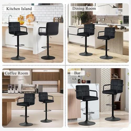 Vista 9 de Furniliving Taburetes de bar ajustables con respaldo, juego de 2 taburetes de bar negros, taburetes de bar de terciopelo con giro de 360°, taburetes