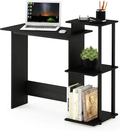 Vista 29 de Furinno - Escritorio compacto para computadora con estantes, Tablero de partículas, Marrón oscuro