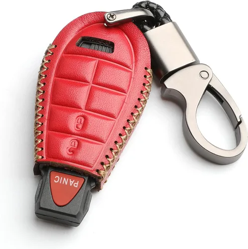 Cuero para Dodge Ram Charger Durango Grand Caravan Journey Challenger Remoto 3 Botones Funda Funda Llavero Cadena Fob (Rojo)