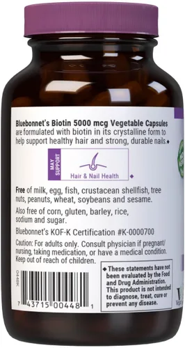 Vista 3 de Bluebonnet Nutrition Biotin 5000 mcg, soporte para el cabello y las uñas*, sin OMG, vegano, certificado Kosher, sin gluten, sin soja, sin lácteos