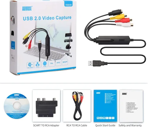 Vista 7 de VHS a captura de video digital - August VGB350 - Tarjeta de captura de video USB externa de video VCR a DVD, transferencia de videos caseros VHS a