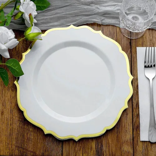 Vista 24 de Efavormart - Paquete de 10 platos de ensalada de postre de plástico gris pardo de 8 pulgadas, vajilla desechable redonda con borde festoneado dorado