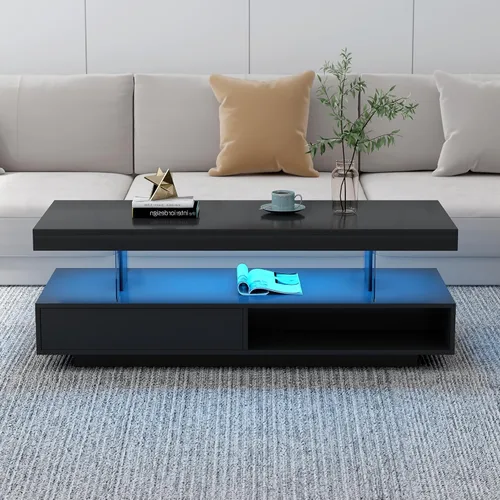 Vista 58 de Mesa de centro moderna con almacenamiento, mesa de cóctel de madera con superficie UV de alto brillo, mesas de centro rectangulares de 2 niveles