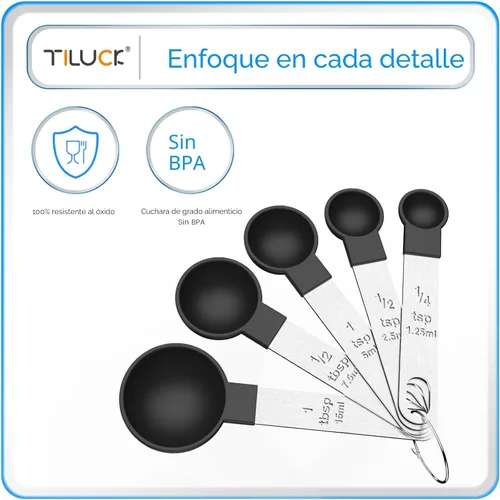 Vista 5 de TILUCK Juego de tazas y cucharas medidoras, tazas y cucharas apilables, tazas medidoras anidables con mango de acero inoxidable, accesorios de Negro
