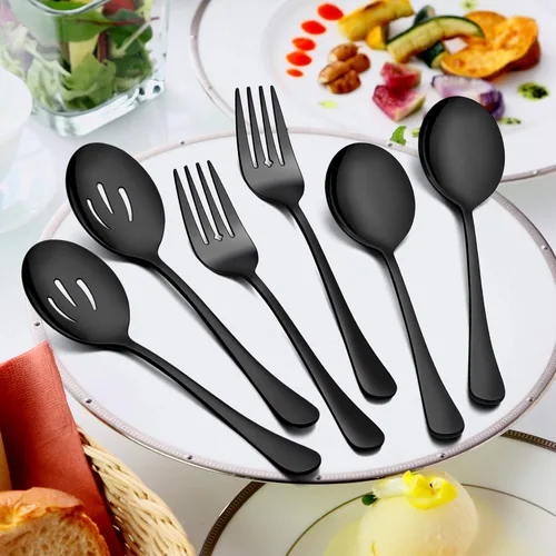 Vista 4 de LIANYU Juego de cubiertos negros de 46 piezas para 8, cubiertos de acero inoxidable con utensilios de servir, cubiertos elegantes que incluye