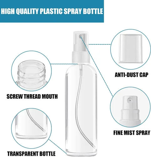 Vista 3 de 50 botellas de spray pequeñas de 4 onzas (4.1 fl oz), botella de spray de niebla fina transparente, mini botella de spray vacía para el cabello
