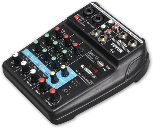 TEYUN Mezclador portátil profesional de 4 canales, consola de mezcla de sonido, entrada de computadora, número de alimentación de 48 V, transmisión
