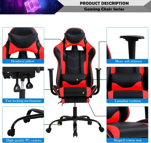 Vista 31 de Silla ergonómica para videojuegos, silla de juegos con reposacabezas, silla de computadora de oficina con ruedas y soporte lumbar, silla