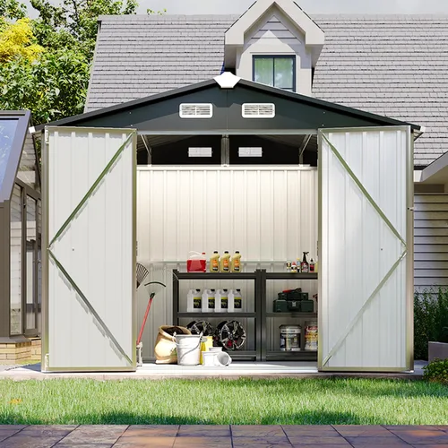 Vista 56 de Cobertizo de almacenamiento de metal negro de 10 x 10 pies, cobertizo de herramientas duradero para exteriores con construcción de acero resistente