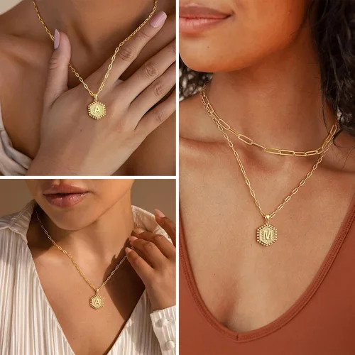 Vista 4 de M MOOHAM - Delicado collar de oro para mujer, de 14 quilates, en capas, lindos collares con letra hexagonal con inicial para mujer, regalos