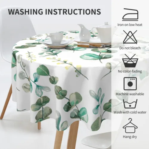 Vista 4 de Mantel redondo de hojas de eucalipto primaverales de 60 pulgadas, acuarela, hojas verdes salvia, lavable, resistente a las manchas, mantel