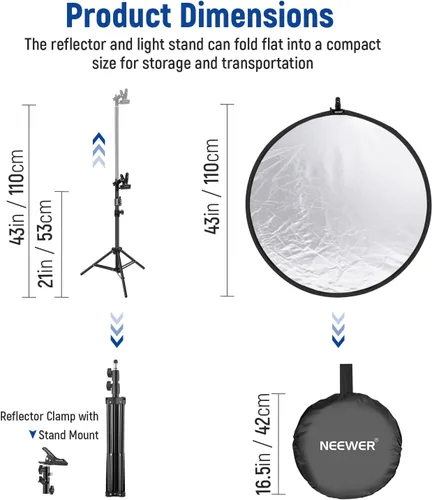 Vista 6 de NEEWER Kit de reflector de luz de 43"/110cm, reflector redondo plegable 5 en 1 (translúcido/plata/oro/blanco/negro), abrazadera de metal y soporte
