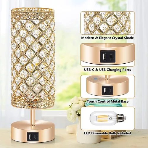 Vista 4 de Lámpara de mesa de cristal, lámpara de escritorio dorada con control táctil, para mujer, decoración de dormitorio, 2 puertos USB, mesita de noche
