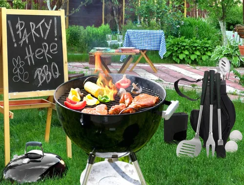 Vista 9 de POLIGO Juego de 7 herramientas de barbacoa estilo club de golf con mango de goma, accesorios de parrilla de acero inoxidable para parrilla al aire