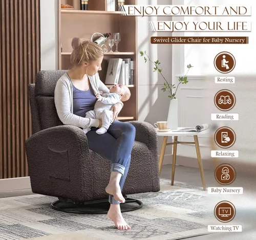 Vista 7 de KINFFICT Silla giratoria moderna, mecedora tapizada para el cuarto del bebé, cómoda silla mecedora con respaldo alto con bolsillo lateral y Gris