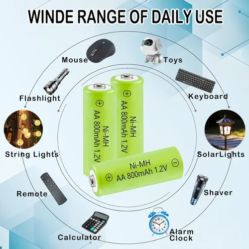 Vista 4 de Baterías verdes recargables de larga duración de 1.2 V, tamaño AA, 800 mAh, doble A, batería NiMH precargada de alta capacidad para luces solares