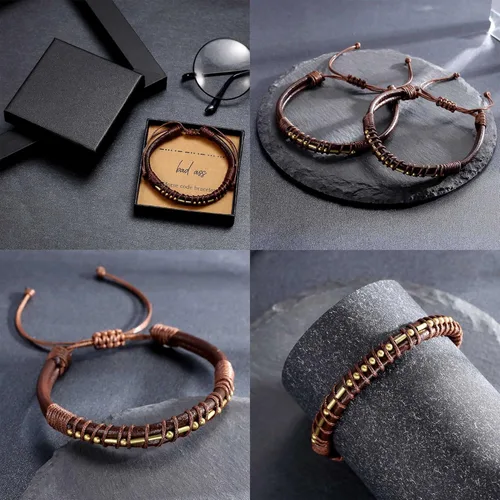 Vista 7 de Pulseras con código morse para hombres y mujeres, pulsera de cuero marrón para hombres, pulsera ajustable con código morse para mujeres y hombres