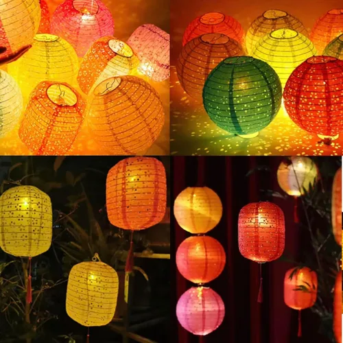 Vista 4 de 12 linternas de papel chinas, japonesas con luces LED, barra de borla, 8 pulgadas, ovaladas, decorativas, para decoración de Año Nuevo, decoración