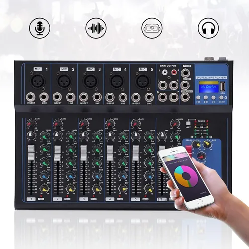 Vista 20 de Mini mezcladores de DJ de 5 canales, mezclador de audio en vivo, tablero de sonido con USB, interfaz de audio con 48 V Phantom Power Sonidos