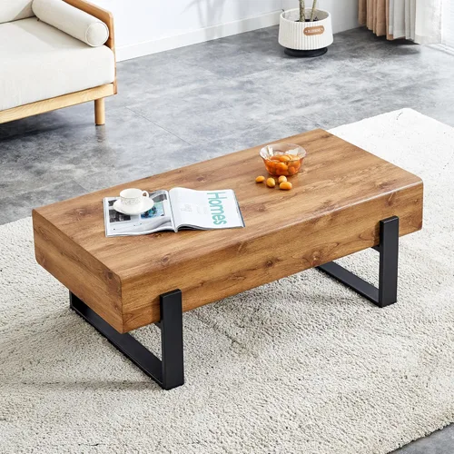 Vista 3 de Mesa de centro rectangular rústica, moderna mesa de centro simple de madera con patas de metal, mesa central para sala de estar