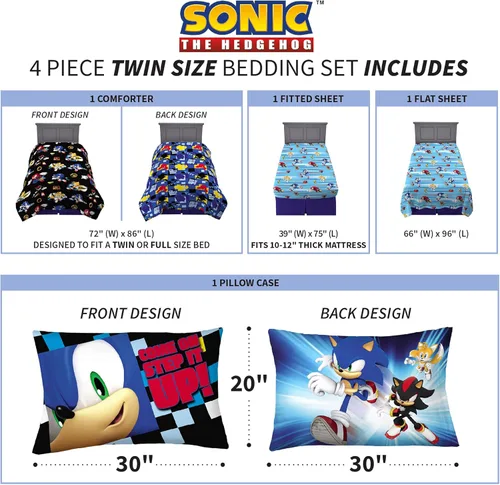 Vista 4 de Franco Sonic The Hedgehog - Juego de ropa de cama y cortinas para ventana