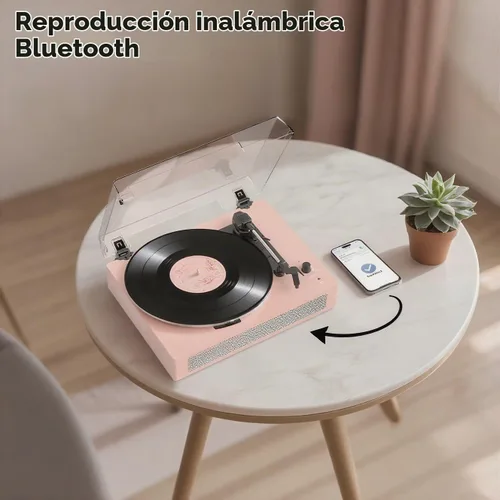 Vista 3 de Tocadiscos de vinilo Bluetooth con altavoces estéreo incorporados, transmisión por correa, tocadiscos de 3 velocidades para discos de vinilo