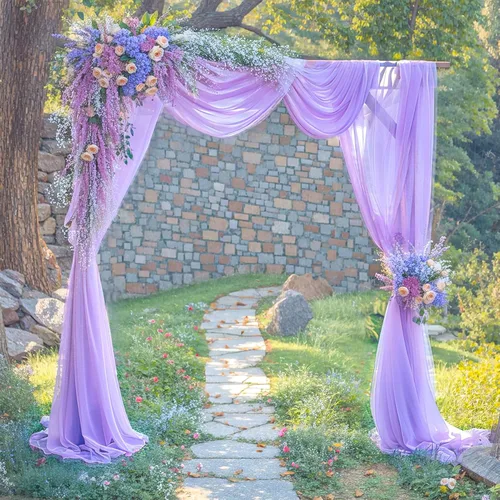 Vista 15 de Tela drapeada para arco de boda, cortinas de arco beige, cortina de telón de fondo transparente para ceremonia, foto, decoración de boda, 19 pies