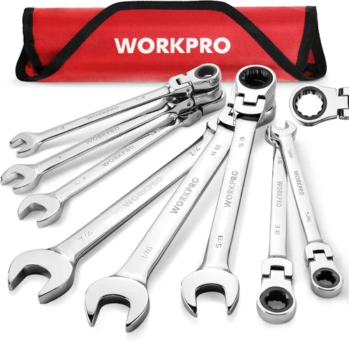 Vista 24 de WORKPRO Llave combinada de trinquete de 1/2 pulgada SAE, CR-V construida con cromado pulido espejo, diseño de 12 puntos, desplazamiento de 15 grados