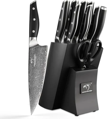 Vista 11 de Juego de cuchillos de acero de Damasco con bloque - Juego de cocina de 3 piezas que incluye cuchillo de chef, Santoku, cuchillo de pelar