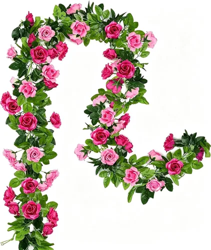Floweroyal Paquete de 2 guirnaldas de flores artificiales de 15.8 pies, flores de seda falsas de hiedra rosa para colgar en el arco de boda, fiesta