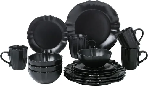 Elegante y elegante juego de vajilla de 16 piezas con borde festoneado, servicio para organizar fiestas y eventos, juego de 4, borde festoneado Negro